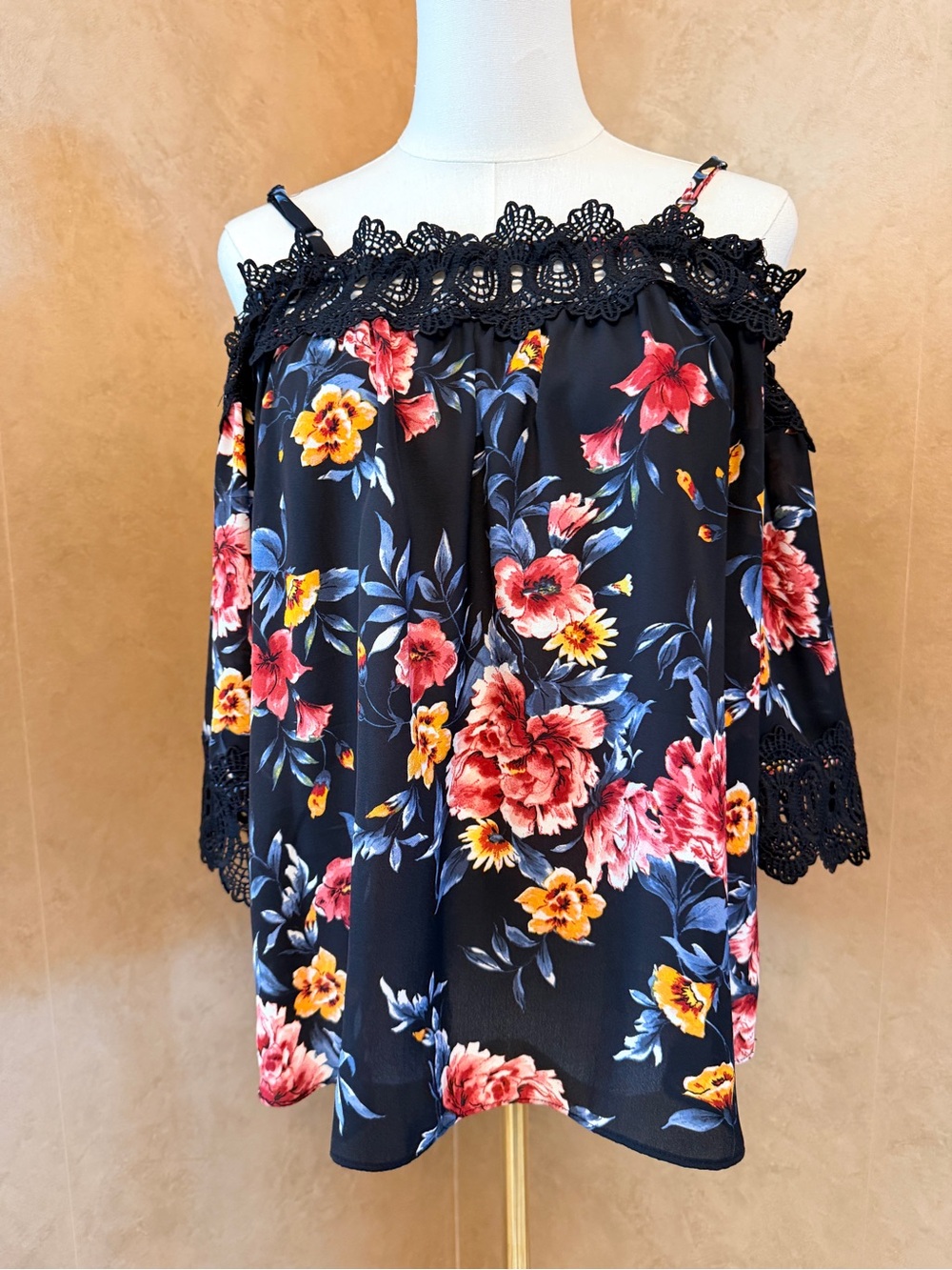 A. Byer Black Floral Off-Shoulder Tunic with Lace Trim